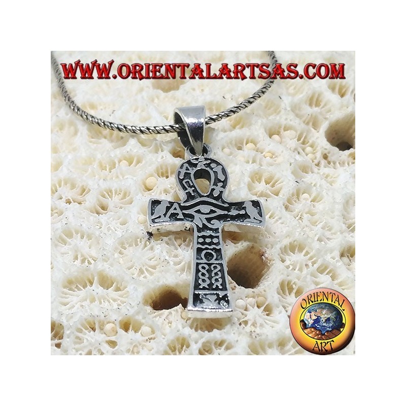 Silver pendant with ankh eye, horus eye and hieroglyphics (medium)