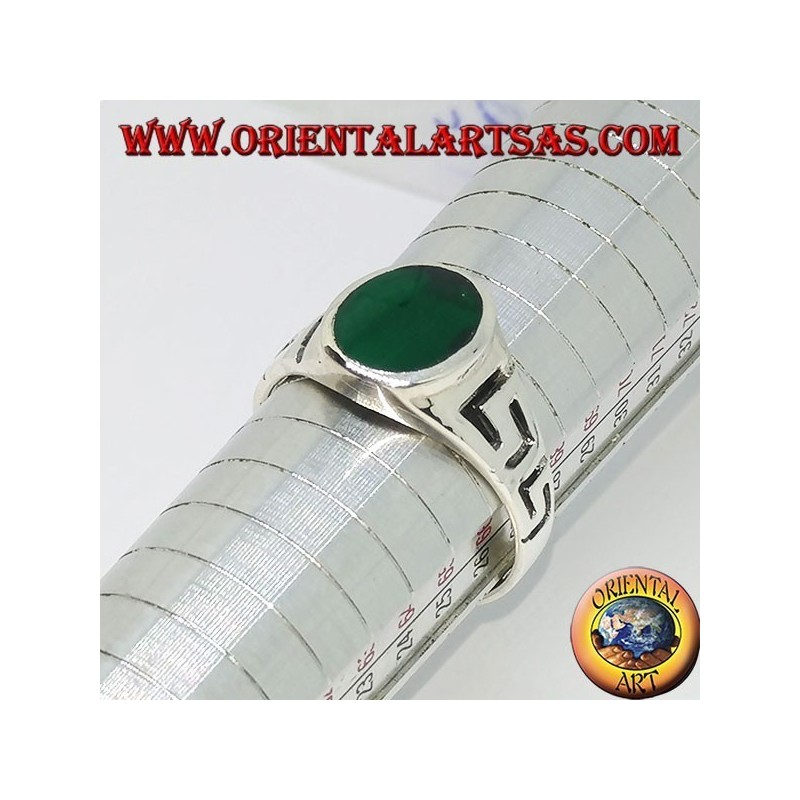 Silver ring with carved Greek ed   oval green agate