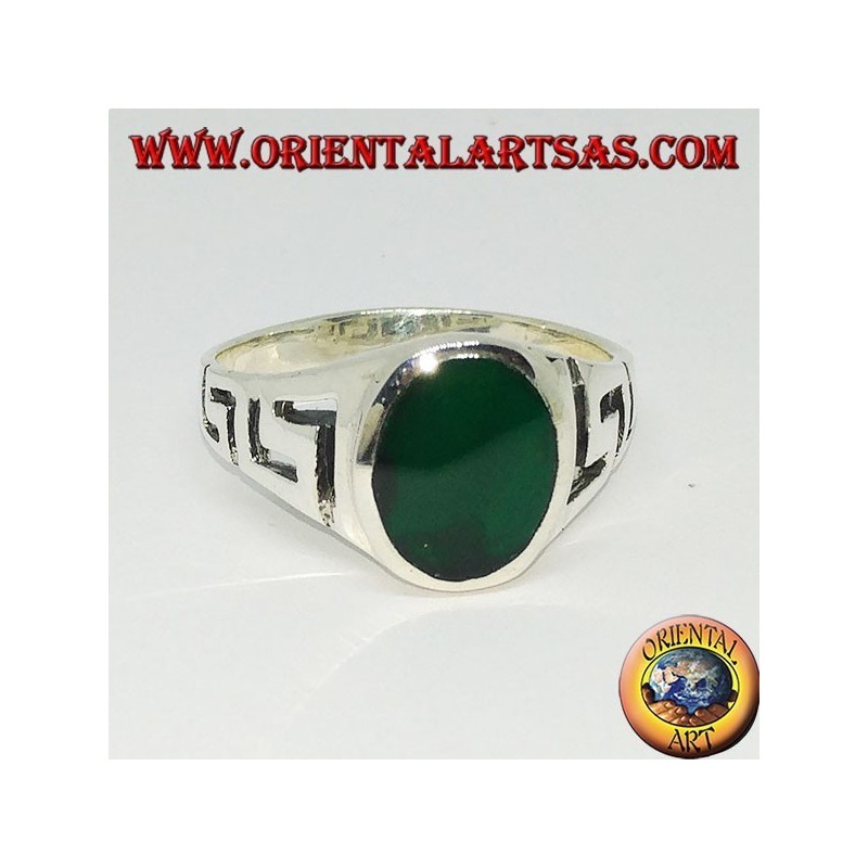 Silver ring with carved Greek ed   oval green agate