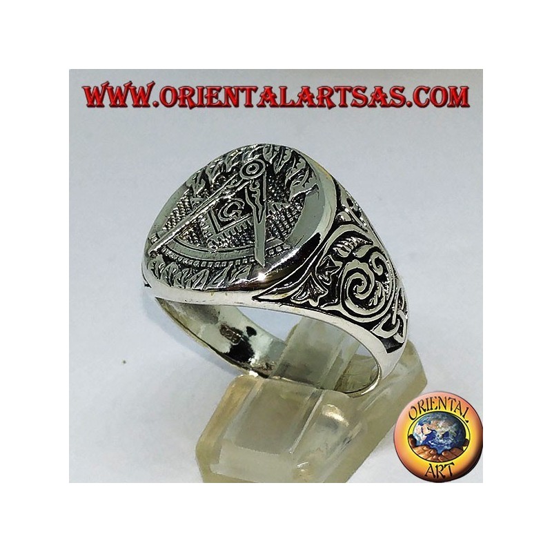Silver ring, compass symbol team masonry and G