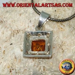 Silver pendant with a square amber and carved edge