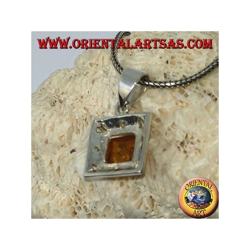 Silver pendant with a square amber and carved edge