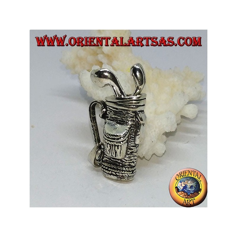 Silver pendant, golf bag with clubs