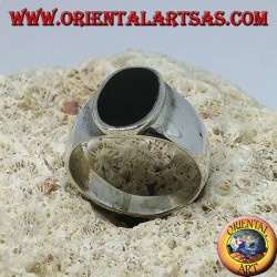 Silver ring with flat oval onyx flush with the edge