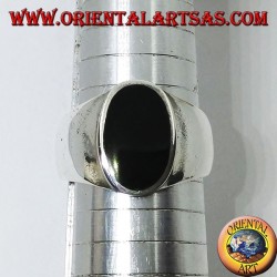 Silver ring with flat oval onyx flush with the edge