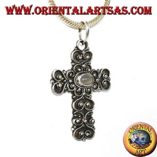 Pendentif croix en argent avec pierre de lune (adularia) et décorations baroques