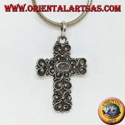 Silver cross pendant with moonstone (adularia) and baroque decorations