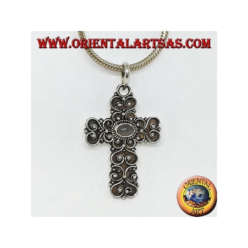 Silver cross pendant with moonstone (adularia) and baroque decorations