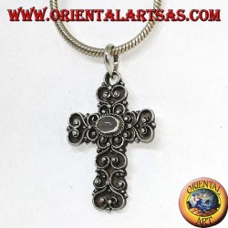 Pendentif croix en argent avec pierre de lune (adularia) et décorations baroques