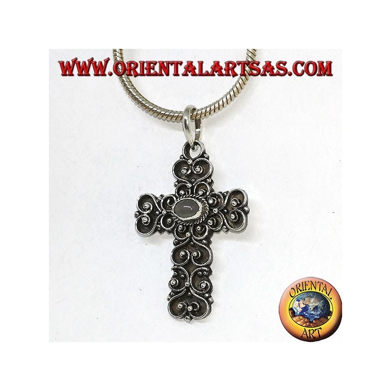 Silver cross pendant with moonstone (adularia) and baroque decorations