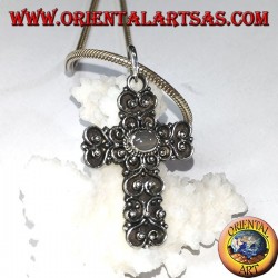Silver cross pendant with moonstone (adularia) and baroque decorations