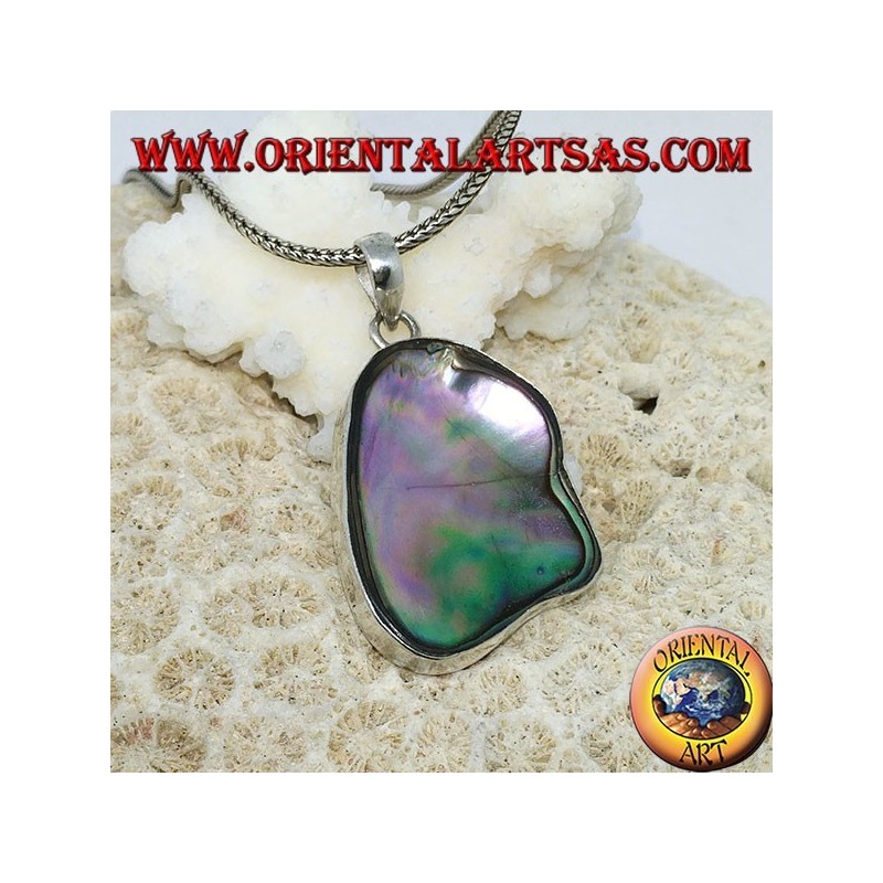 Pendant in irregular silver with concave paua shell (abalone)