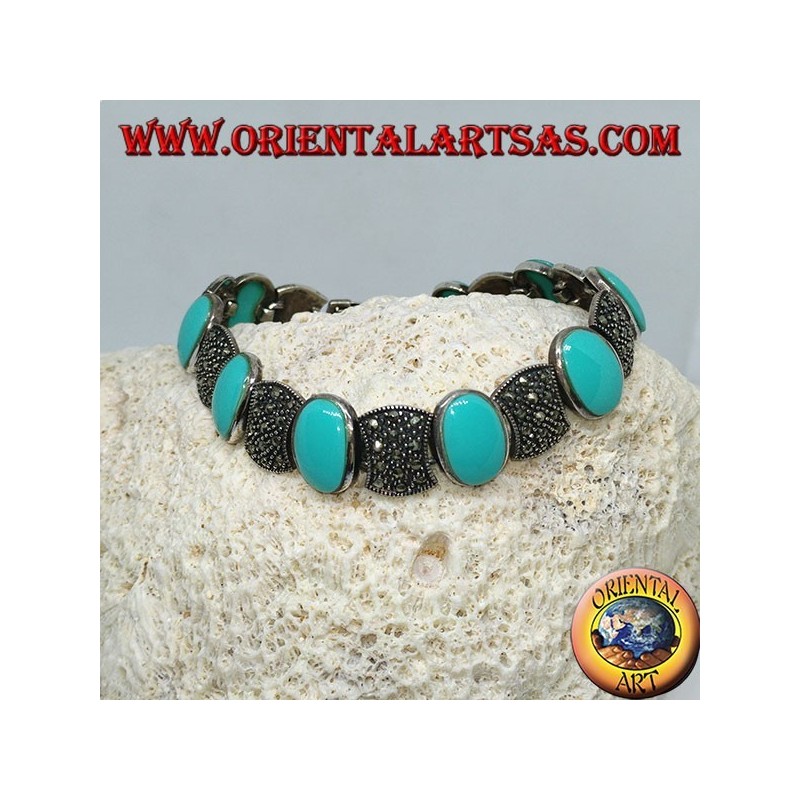 Silver bracelets set with oval turquoise and marcasite