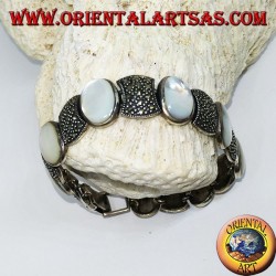 Silver bracelets, set with oval mother-of-pearl and marcasite