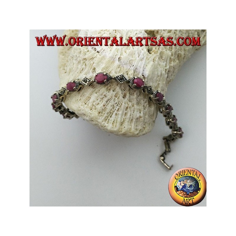 Silver bracelets with 12 oval rubies set with 4 jaws, and marcasite