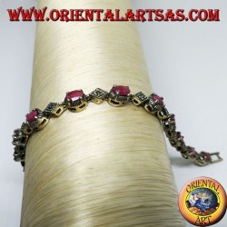 Silver bracelets with 12 oval rubies set with 4 jaws, and marcasite