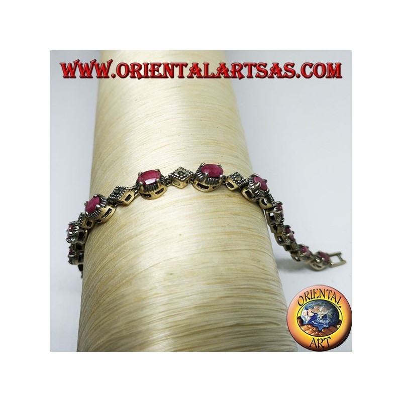 Silver bracelets with 12 oval rubies set with 4 jaws, and marcasite