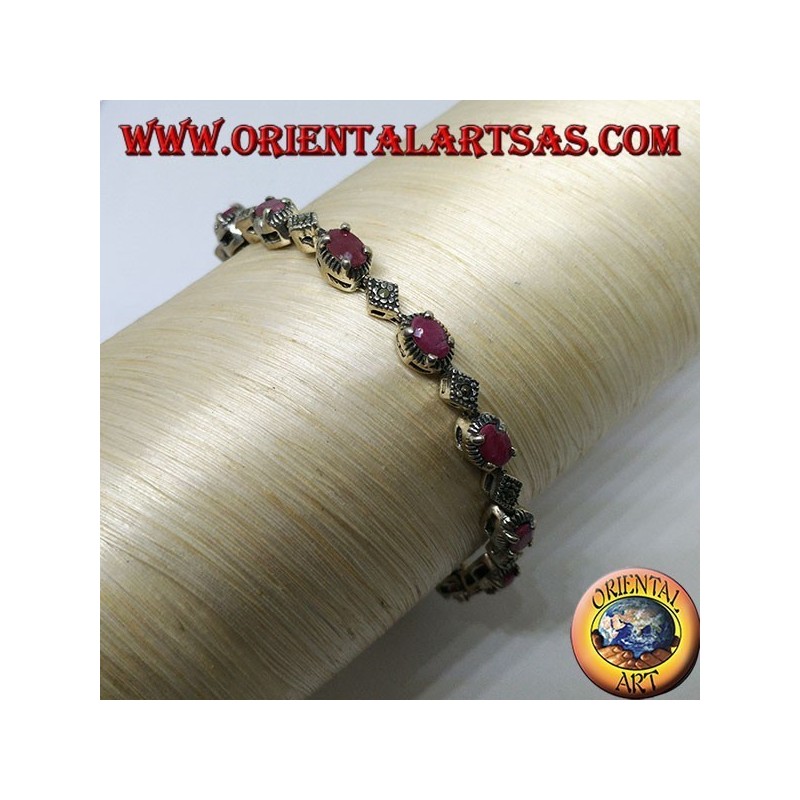 Silver bracelets with 12 oval rubies set with 4 jaws, and marcasite