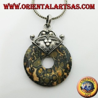Pendentif en argent avec jaspe moucheté vert en forme de beignet de mm. 30