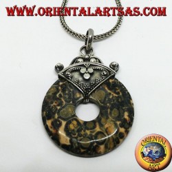 Silver pendant with green speckled jasper in the shape of a donut of mm. 30