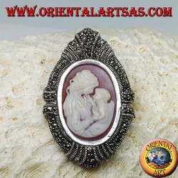 Silver brooch and pendant with a mother cameo and a child surrounded by marcasites