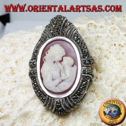 Silver brooch and pendant with a mother cameo and a child surrounded by marcasites