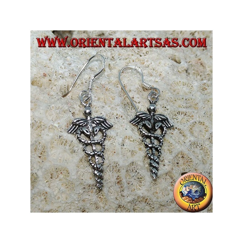 Pendientes colgantes de plata de caduceo, símbolo de la medicina.