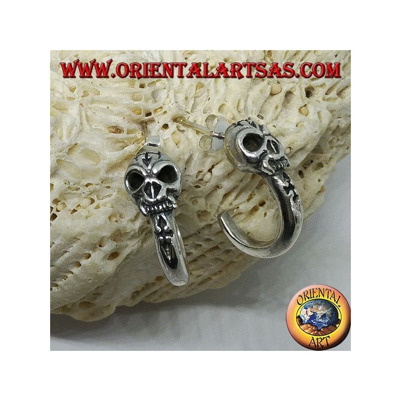 Silver earring, pirate semicircle with skull