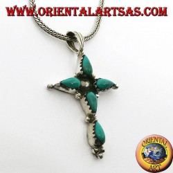 Silver cross pendant with five drop-shaped turquoises