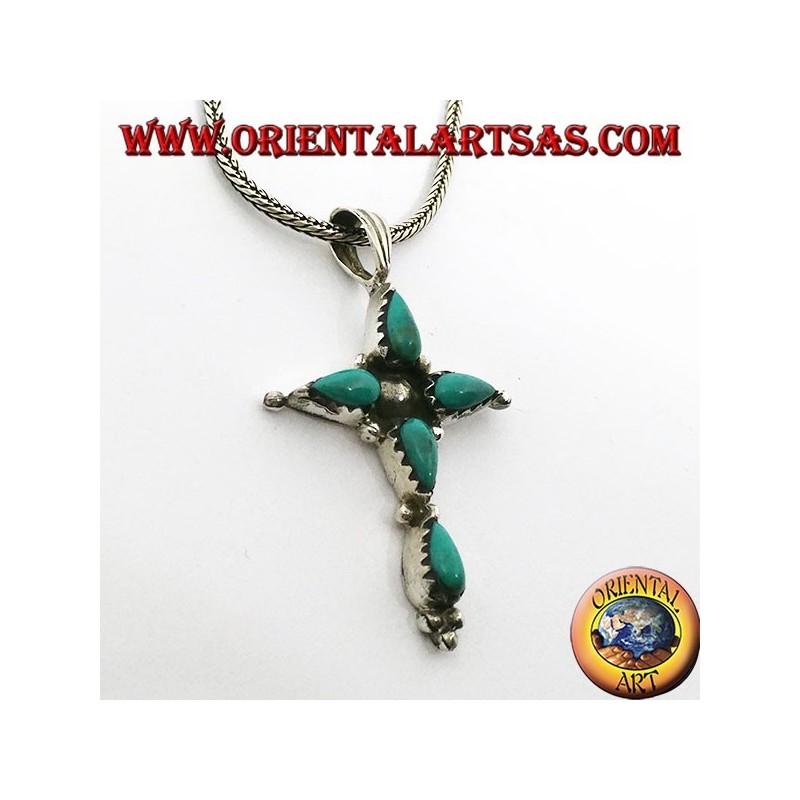 Pendentif croix en argent avec cinq turquoises en forme de goutte