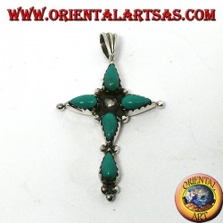 Pendentif croix en argent avec cinq turquoises en forme de goutte