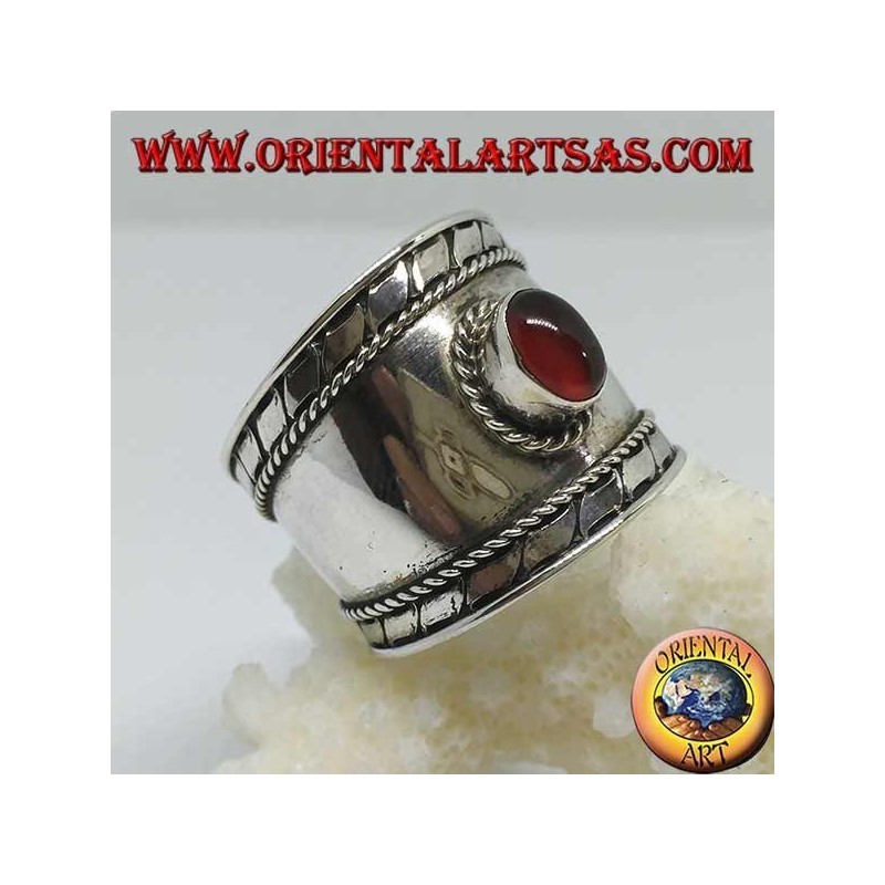 Wide band ring in silver with oval cabochon round cabochon, Bali