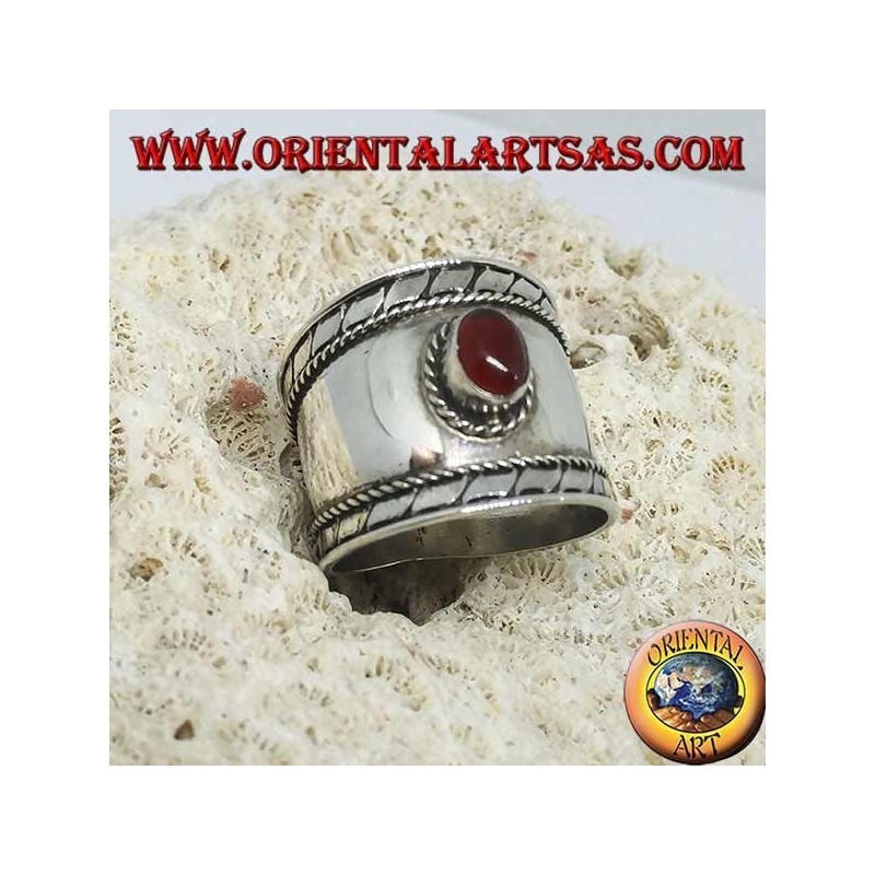 Anello fascia larga in argento con corniola ovale a cabochon , Bali