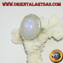 Silver ring with simple set oval rainbow moonstone