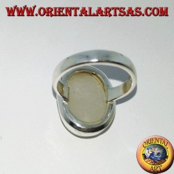 Silver ring with simple set oval rainbow moonstone