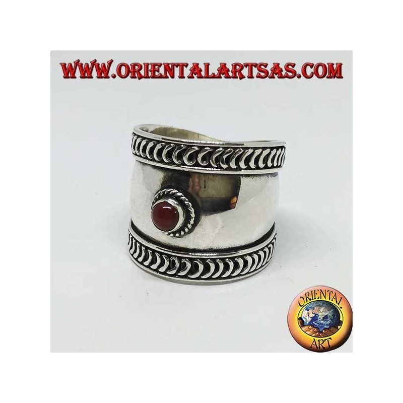 Bague large en argent avec cabochon rond en cornaline, Bali