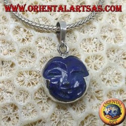 Silver pendant with sun cameo in natural lapis lazuli round