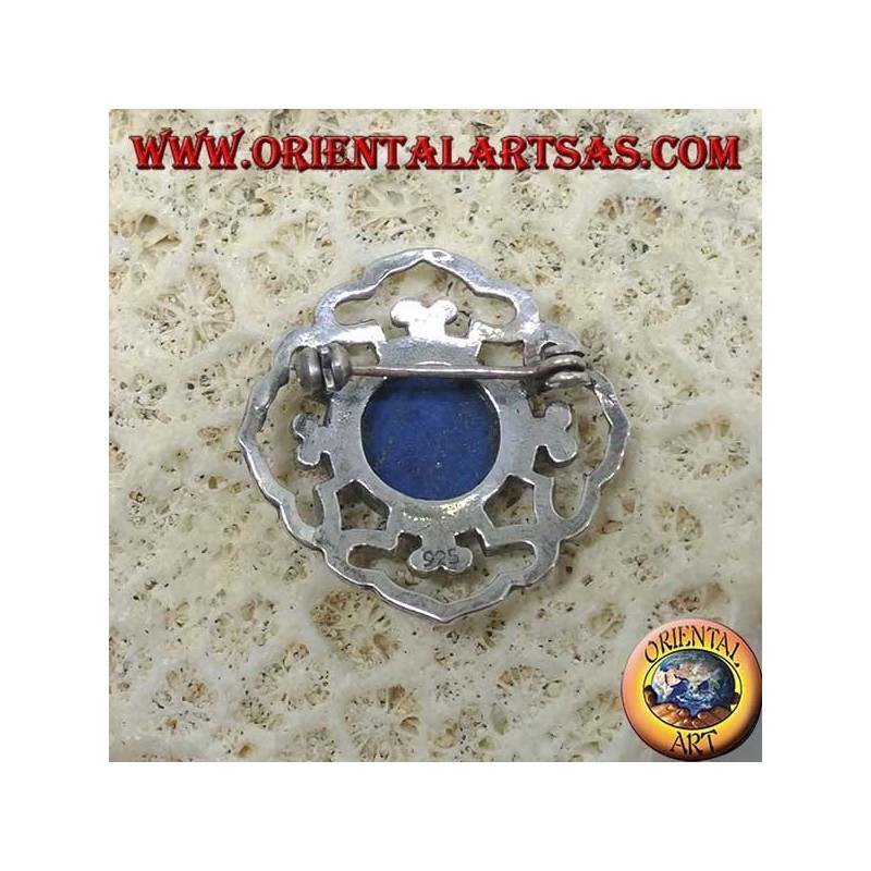 Dorje doble broche de plata con lapislázuli redondo central