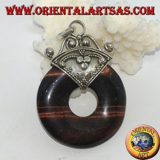 Pendentif en argent avec beignet dans l'oeil du tigre rouge