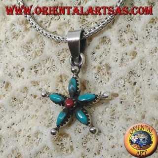 Silver star pendant with turquoise and coral in the center