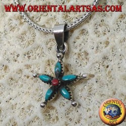 Silver star pendant with turquoise and coral in the center