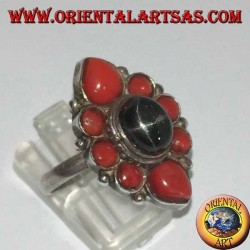 Bague Népal Argent Black Star ovale coraux naturels. Pièce unique artisanale.