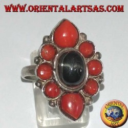 Silver ring with oval Black Star surrounded by natural corals