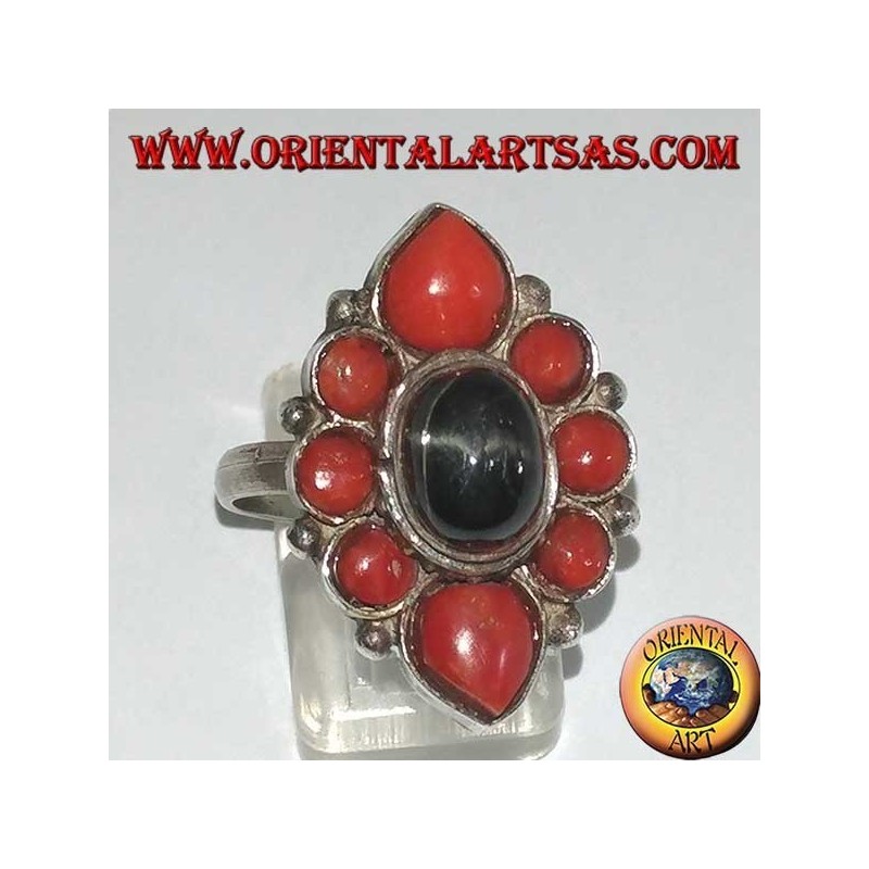 Anello Nepal Argento Black Star Ovale Coralli Naturali