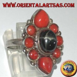Silver ring with oval Black Star surrounded by natural corals