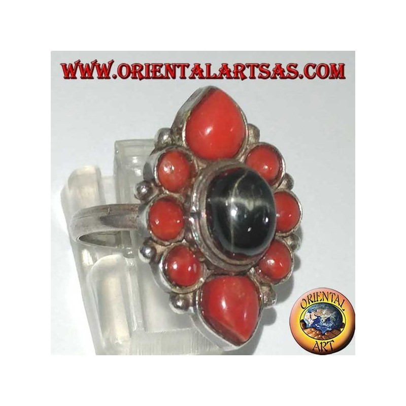 Silver ring with oval Black Star surrounded by natural corals