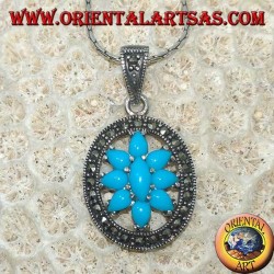 Pendentif en argent ovale avec turquoise entourée de marcassites