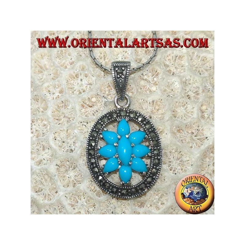 Pendentif en argent ovale avec turquoise entourée de marcassites