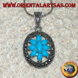 Pendentif en argent ovale avec turquoise entourée de marcassites