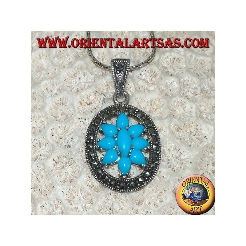 Pendentif en argent ovale avec turquoise entourée de marcassites